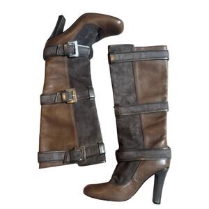 Cole‎ Haan Nike Air brown leather suede knee high heeled buckle boots SIZE 8